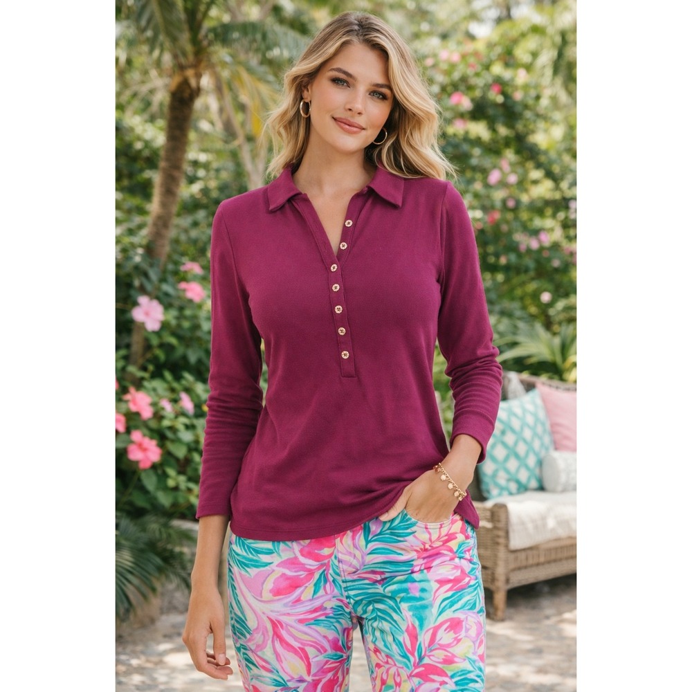 V1 Lilly Pulitzer Reema Polo Top Amarena Cherry Purple Long Sleeve Ribbed M